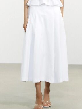 Zara Cotton Pleated White Midi Skirt